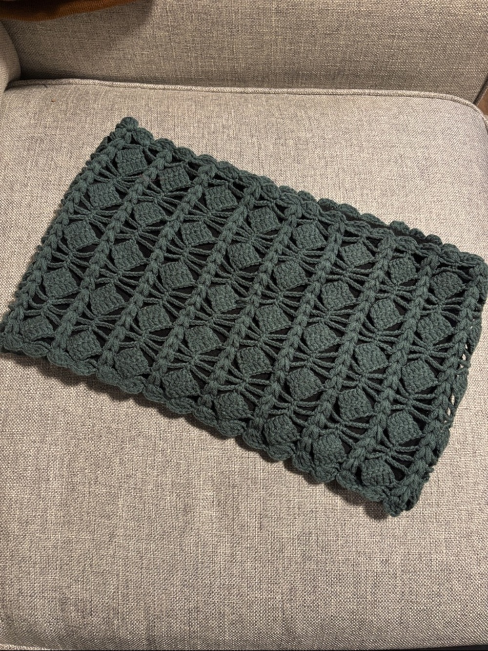 Hand-Crocheted Openwork Infinity Scarf in dark teal